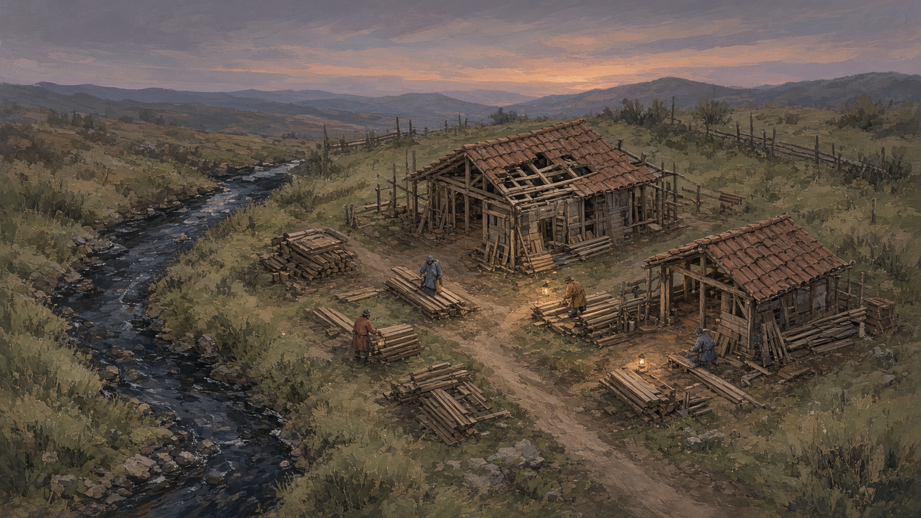A dusk homestead plot with clay roofs and a dark stream.